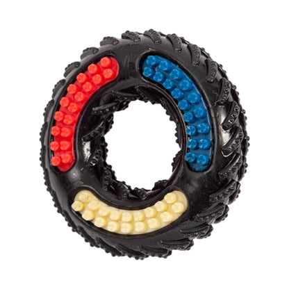 American Pet Supplies durable dog chew toy in circular shape with red blue and yellow textured grips