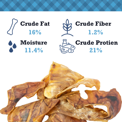 Natural pig ears dog treats with nutritional information on crude fat, fiber, and moisture content