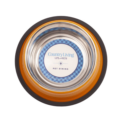 Ribbed non-slip pet bowls set in orange and stainless steel for easy feeding and stability
