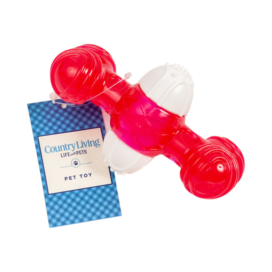 Red and white quacking bone dog chew toy designed for playful dogs with durable material