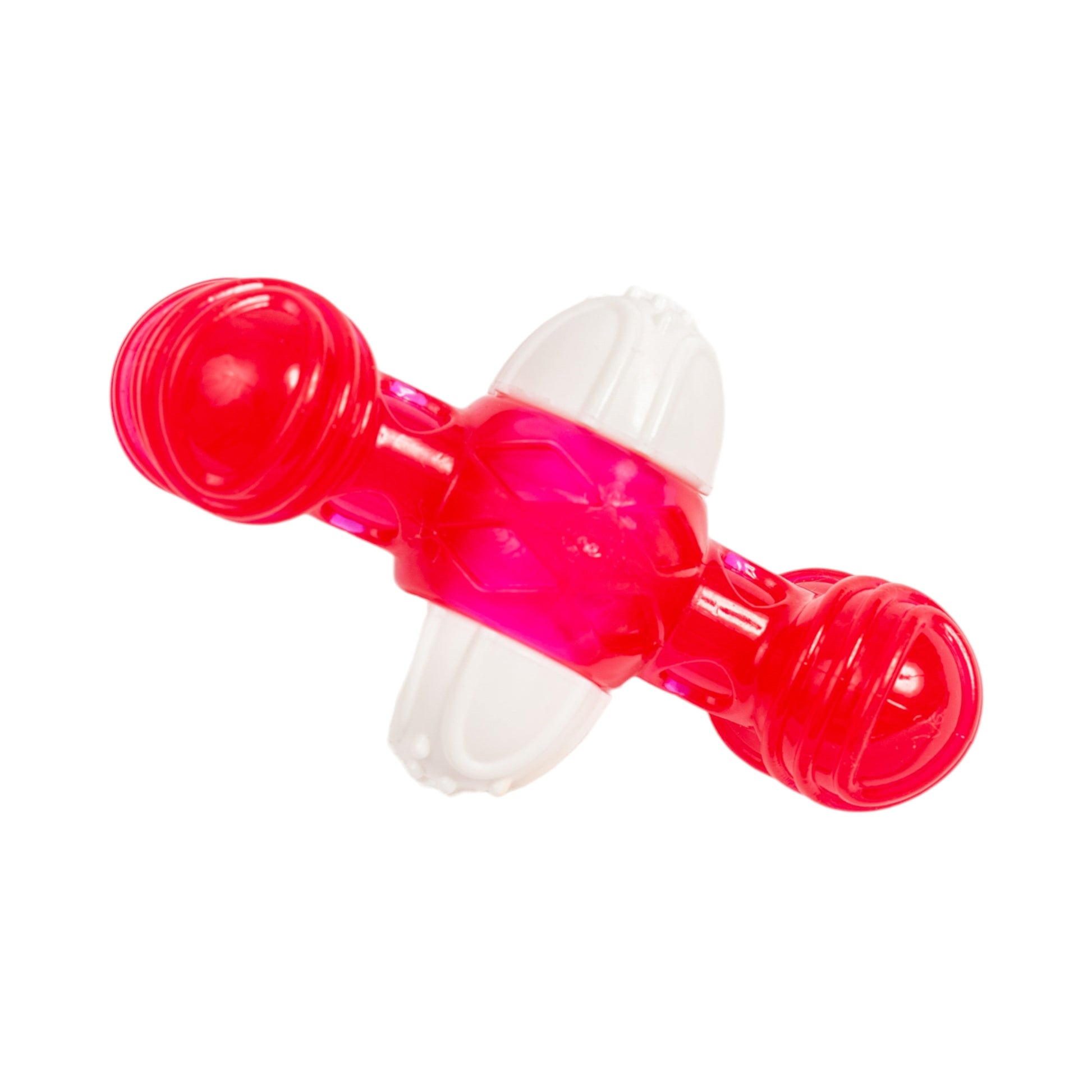 Quacking bone dog chew toy in red and white for interactive play and dental health
