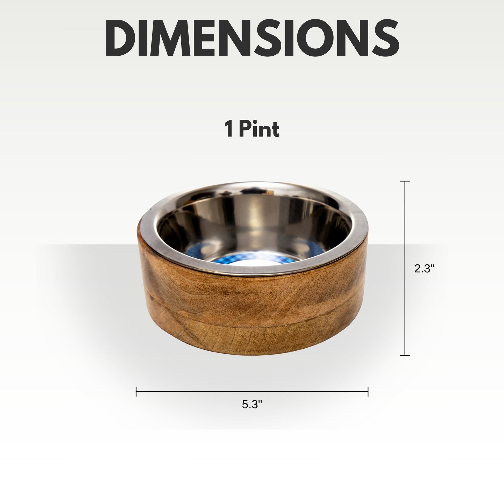 1 Pint stainless steel dog bowl with wood holder featuring a sleek design and clear dimensions