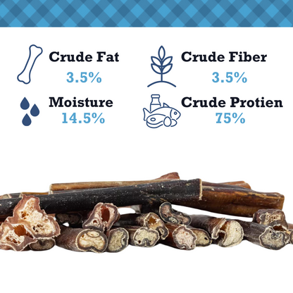 All natural bully sticks for dogs by American Pet Supplies with nutritional facts and close-up view
