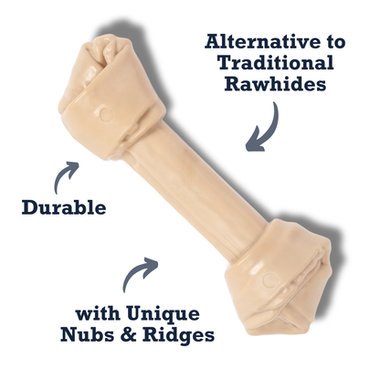 Durable nylon bone dog chew toy with unique nubs and ridges, alternative to traditional rawhides