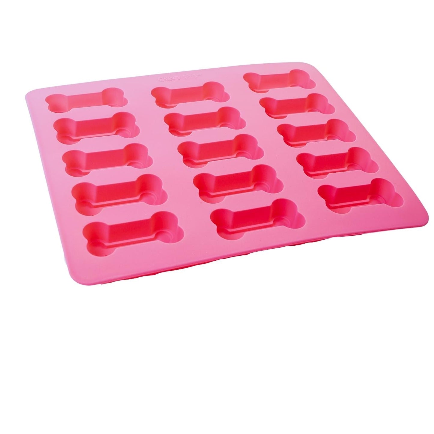 Pink dog bone silicone treat baking tray with multiple molds for making dog treats