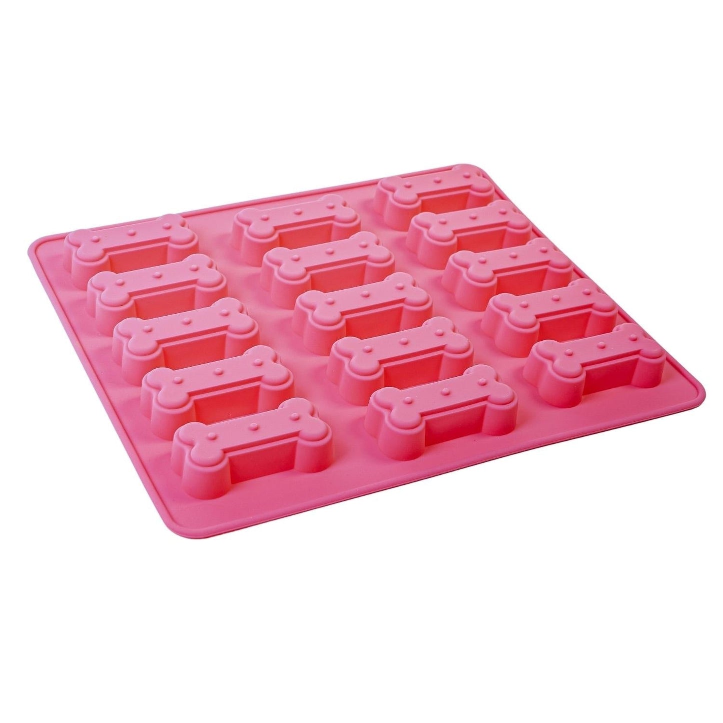 Pink dog bone silicone treat baking tray with 15 bone-shaped molds for homemade pet treats