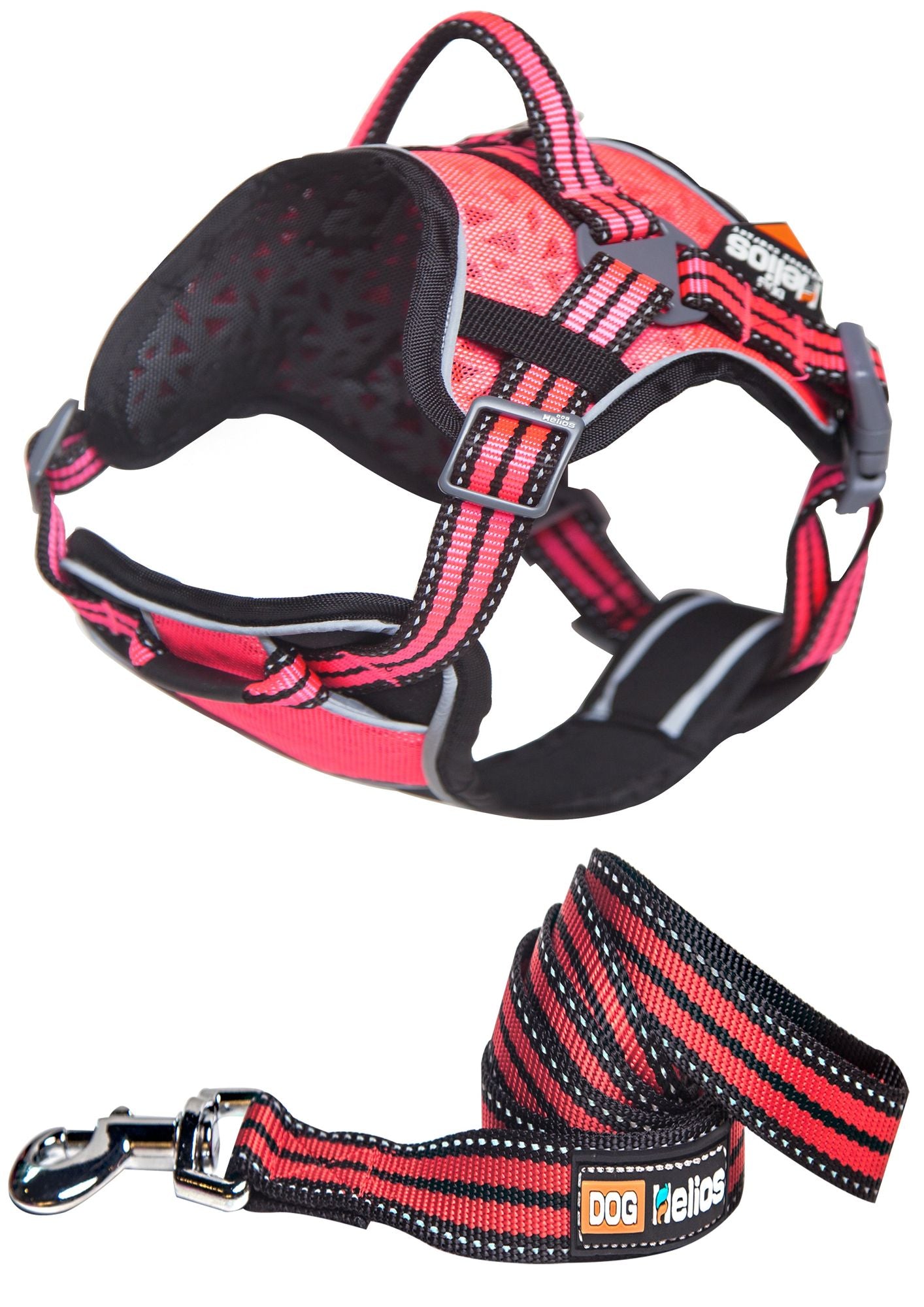 Red and black dog chest compression harness with adjustable straps and matching leash