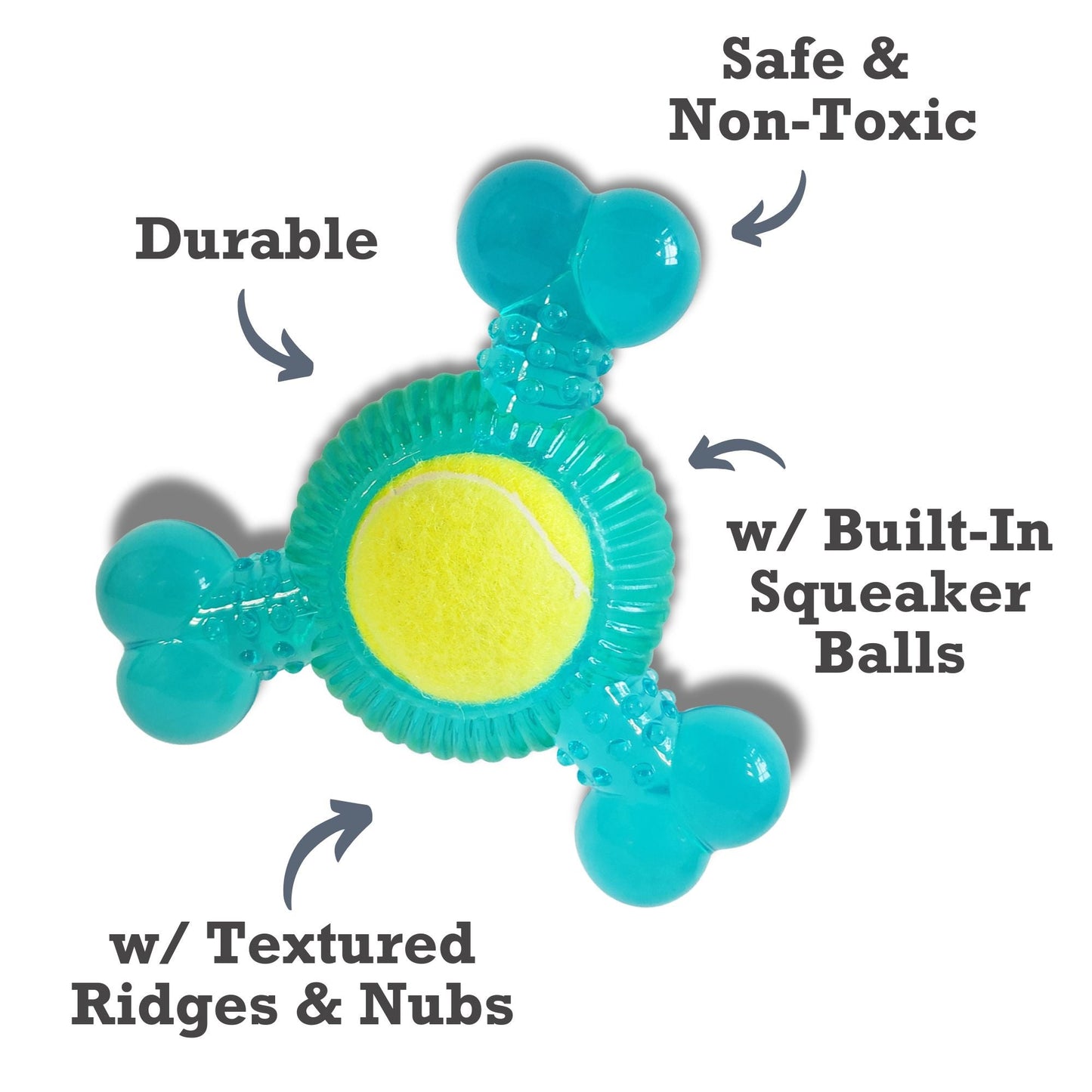 TPR dog chew toy with squeaker and tennis ball featuring textured ridges and durable design