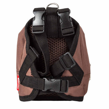 Brown dog harness backpack with pockets and adjustable black straps for secure fit