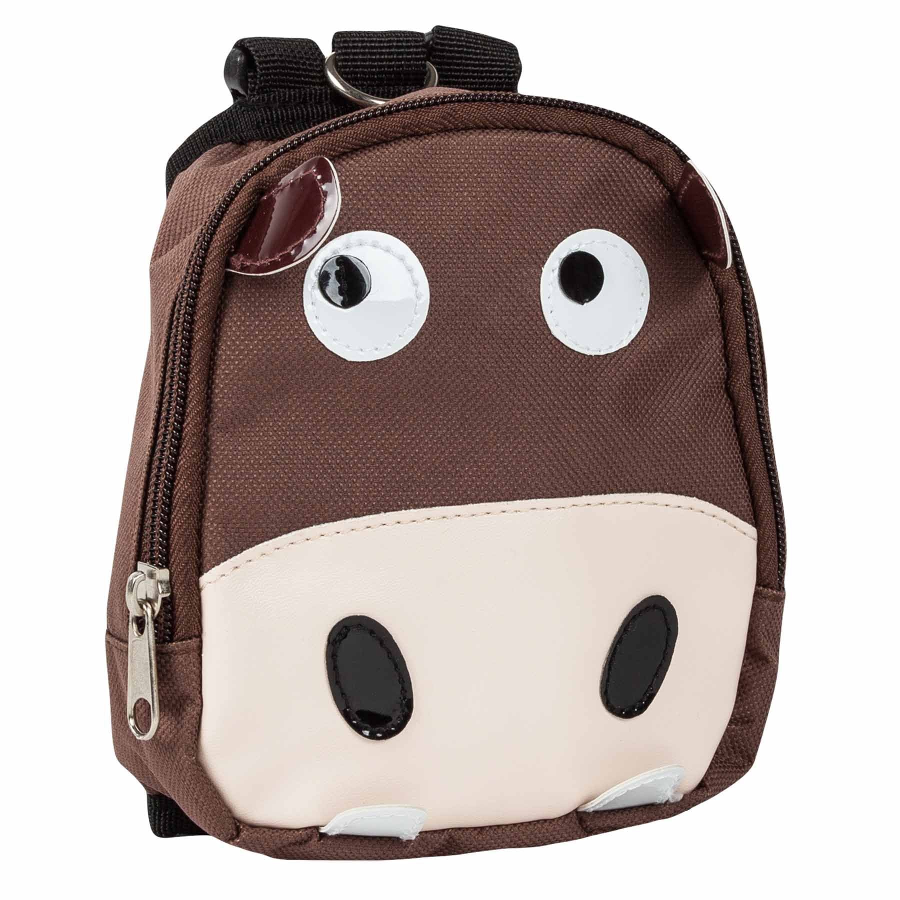 Brown dog harness backpack with pockets designed like a cute cow face with zipper closure
