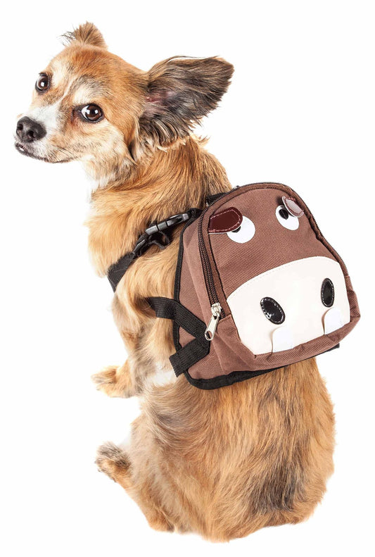 Small dog wearing a brown dog harness backpack with pockets designed like a cute animal face