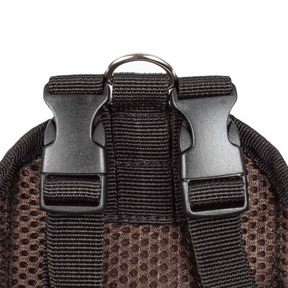 Close-up of black straps and buckle detail on dog harness backpack with pockets by PawCounter.com