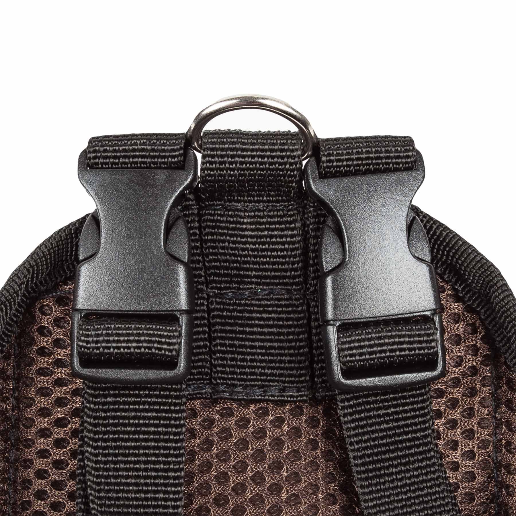 Close-up of black buckle straps and mesh fabric on dog harness backpack with pockets