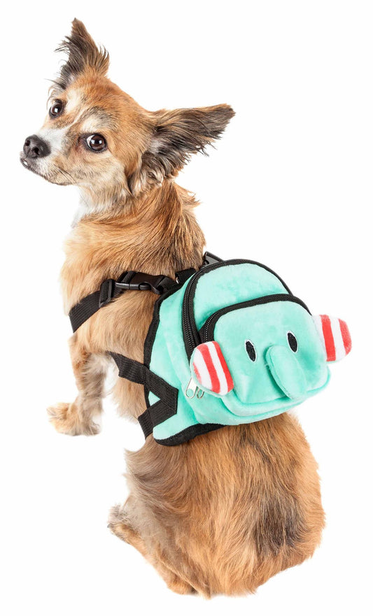 Small dog wearing a turquoise dog harness backpack with pockets shaped like an elephant with ears