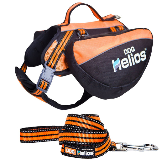 Orange and black 3-in-1 dog harness backpack with matching striped leash by PawCounter.com