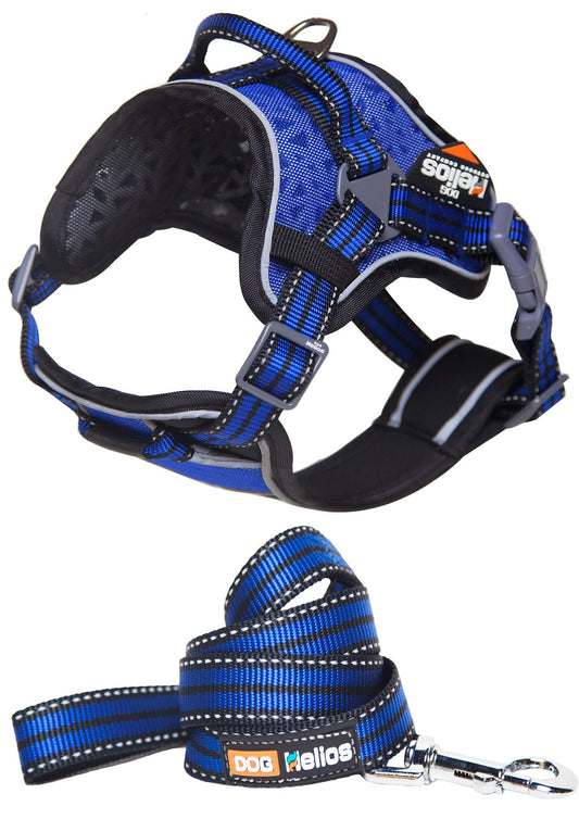 Blue dog chest compression harness with adjustable straps and matching leash by PawCounter.com