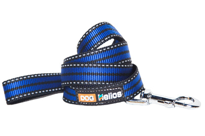 Blue and black striped dog chest compression harness leash with metal clasp from PawCounter.com