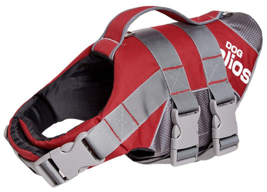 Red and gray dog life jacket with handle and adjustable straps for pet safety in water