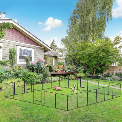 Black metal dog playpen for small and medium dogs set up on a green backyard lawn with two dogs inside