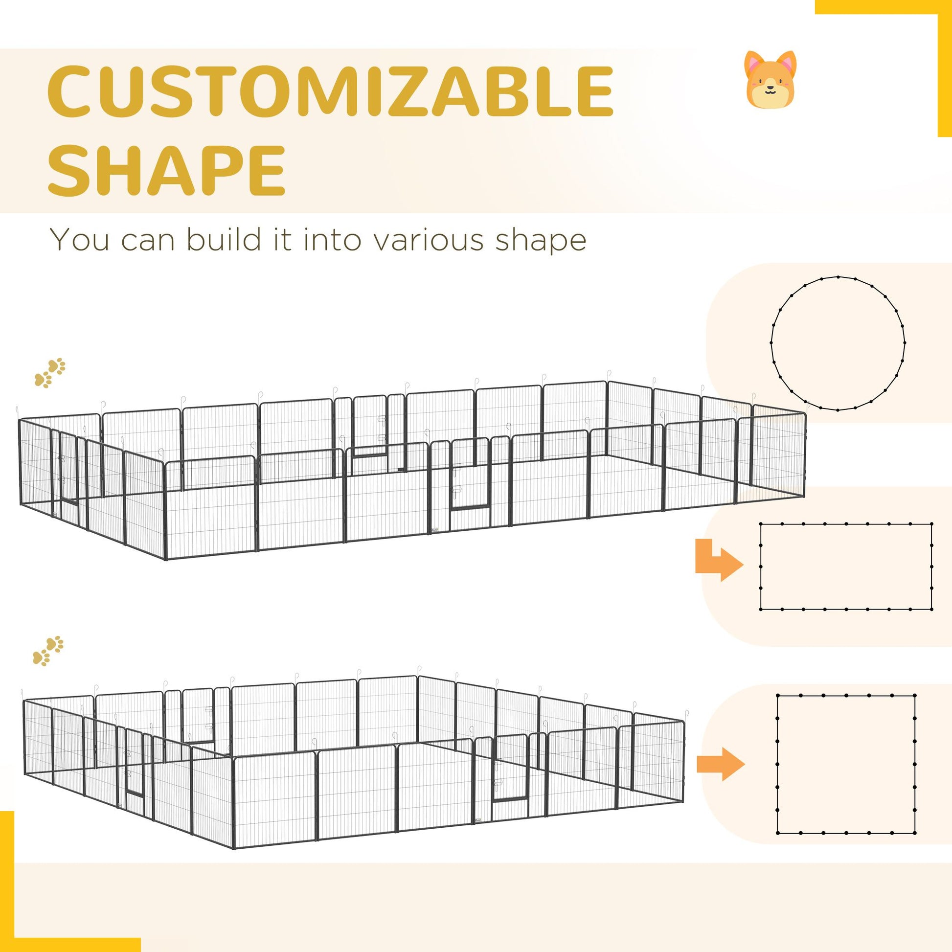 Customizable dog playpen for small and medium dogs with multiple shape options including round and rectangular