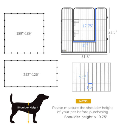 Diagram showing measurements and shoulder height guide for dog playpen for small and medium dogs