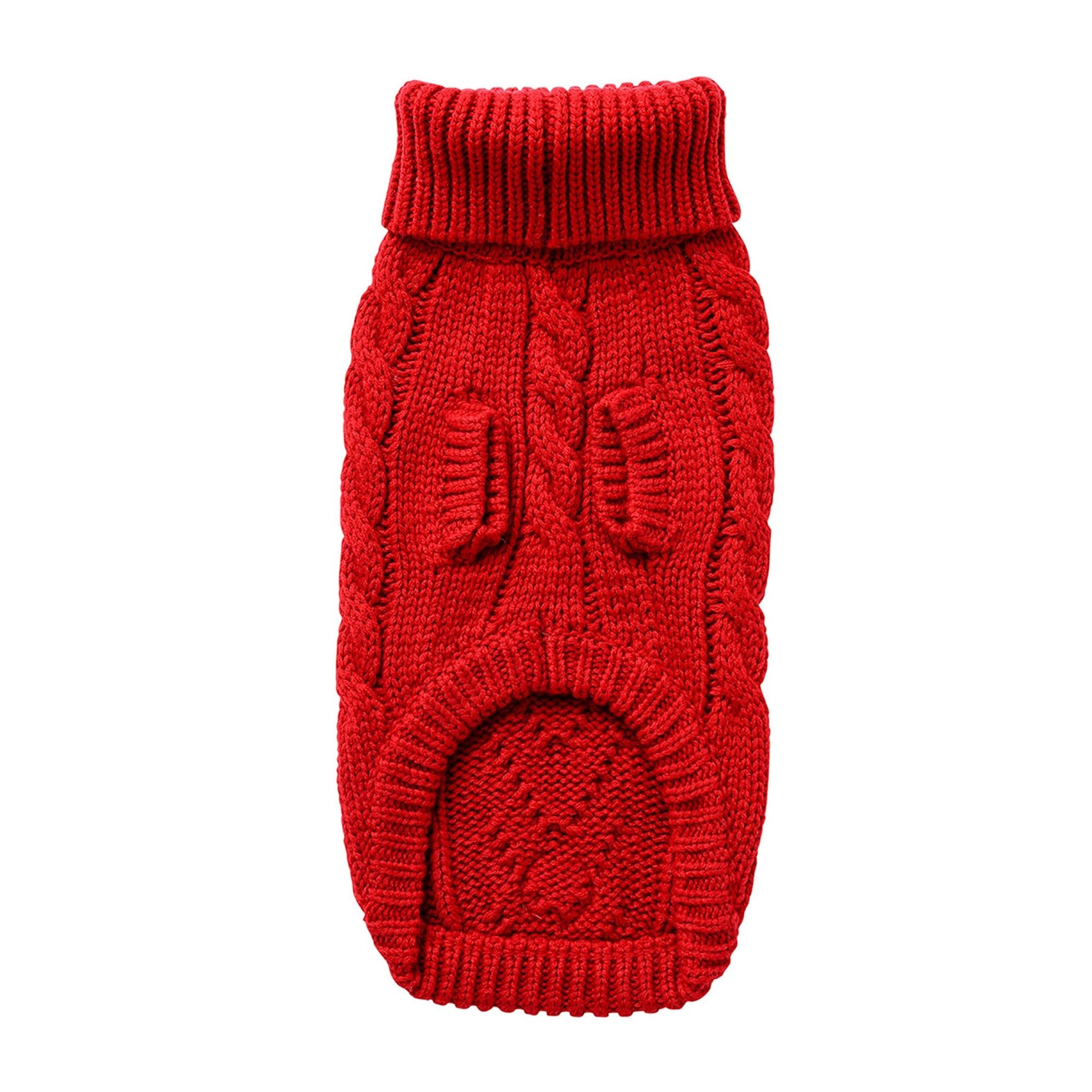 Cozy red dog sweater with cable knit design and high neck for warmth and style