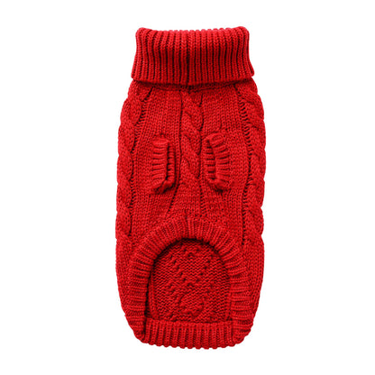 Cozy red dog sweater with cable knit design and high neck for warmth and style