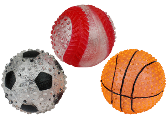 The Family Pet dog sports balls toy set with soccer, baseball, and basketball designs textured for play