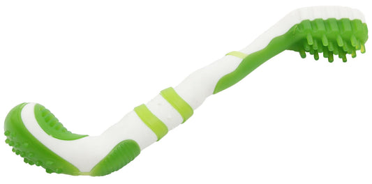 Flexible green and white dog toothbrush toy with textured bristles for effective dental cleaning