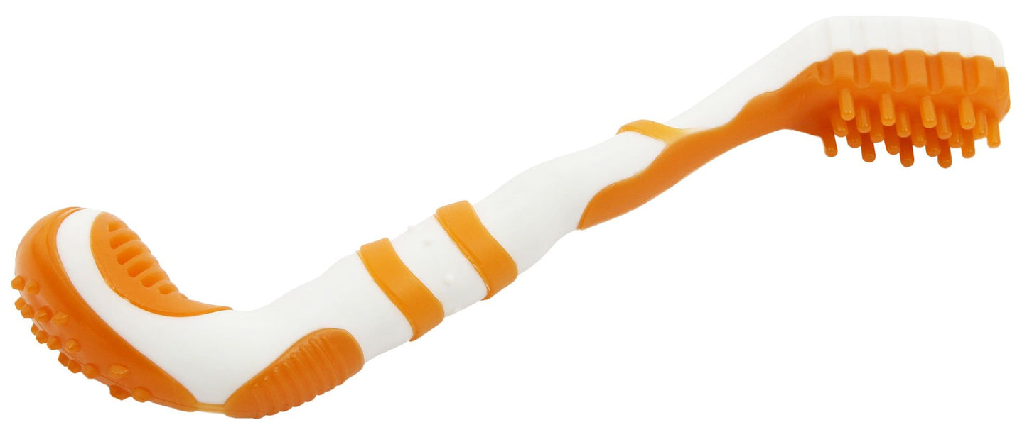 Durable dog toothbrush toy in orange and white for effective dental cleaning and fun playtime