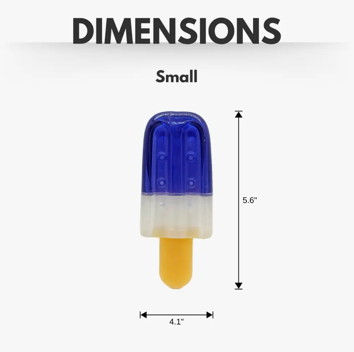 Small freezable popsicle dog toy in blue and yellow with dimensions for pet playtime