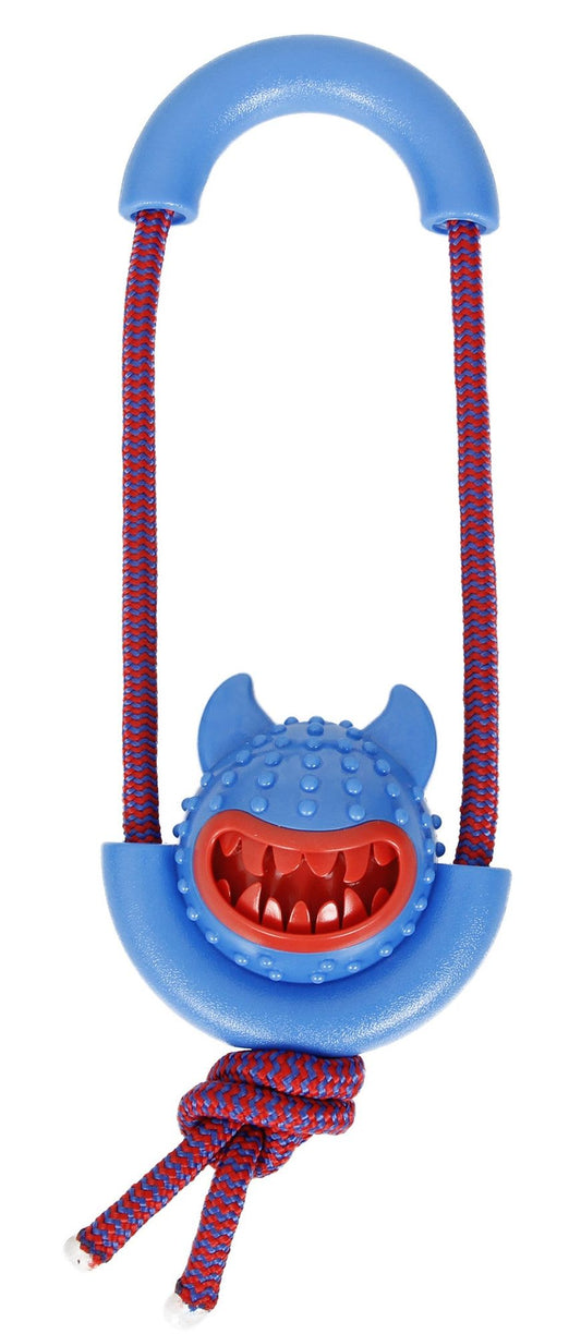 Blue and red dog treat launcher toy with durable rope and textured grip for interactive play