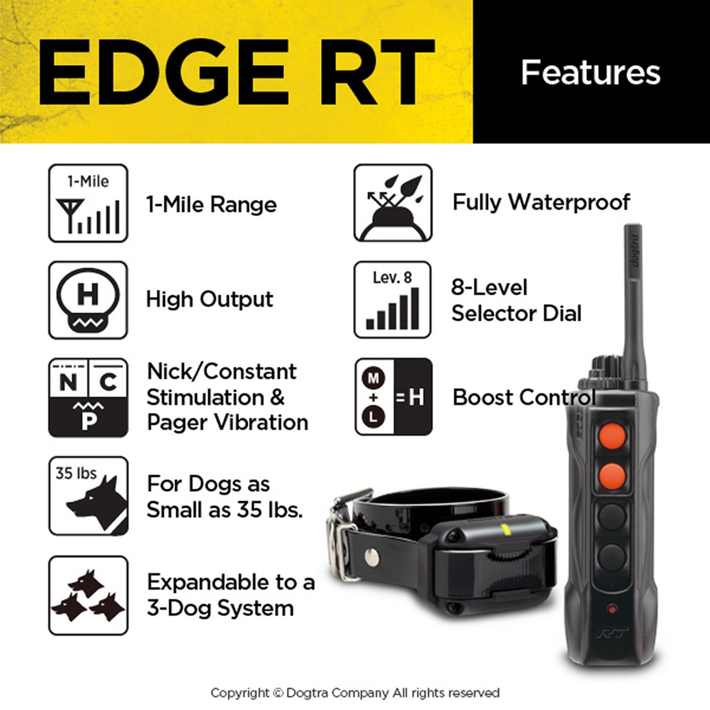 Dogtra Edge RT dog trainer with 1-mile range, waterproof design, high output, and 8-level selector dial features