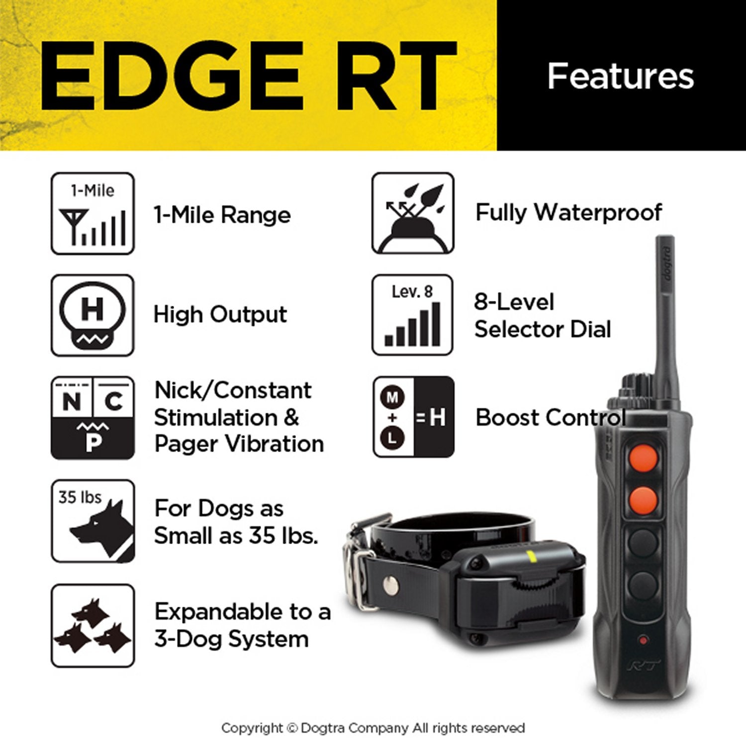 Dogtra Edge RT dog trainer with 1-mile range, waterproof design, high output, and 8-level selector dial features