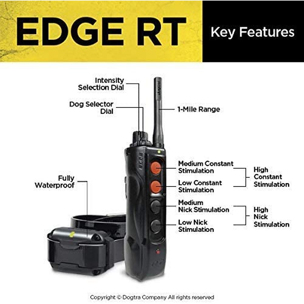 Dogtra Edge RT dog trainer remote and collar with labeled key features and controls