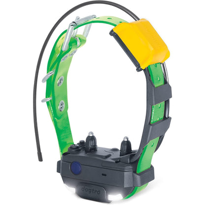 Dogtra GPS tracking collar with green adjustable strap and yellow GPS module for dogs