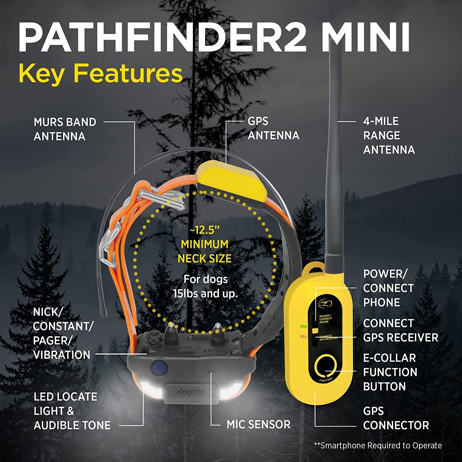 Dogtra GPS tracking collar PathFinder2 Mini with GPS antenna and multiple features for dogs 15 lbs and up