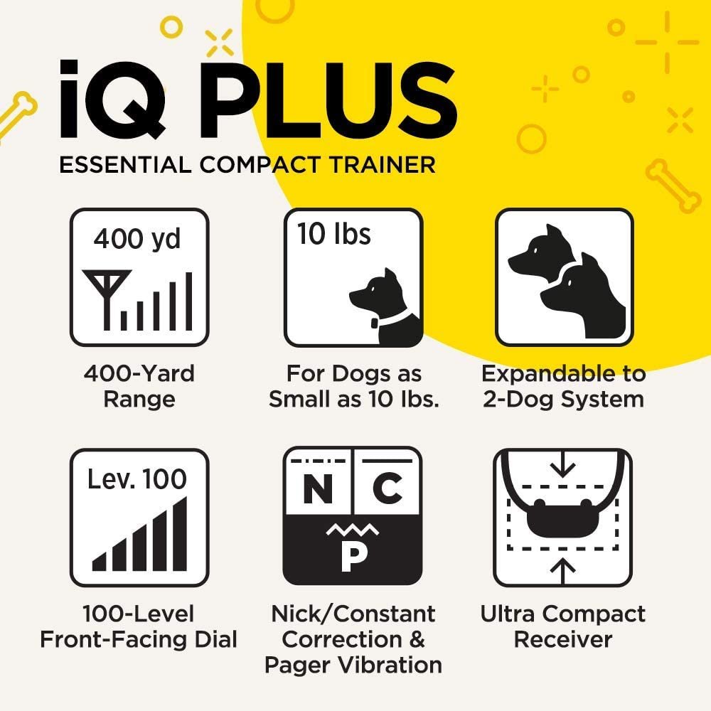 Dogtra IQ Plus dog training collar with 400-yard range, compact design, 100-level dial, and 2-dog expandable system