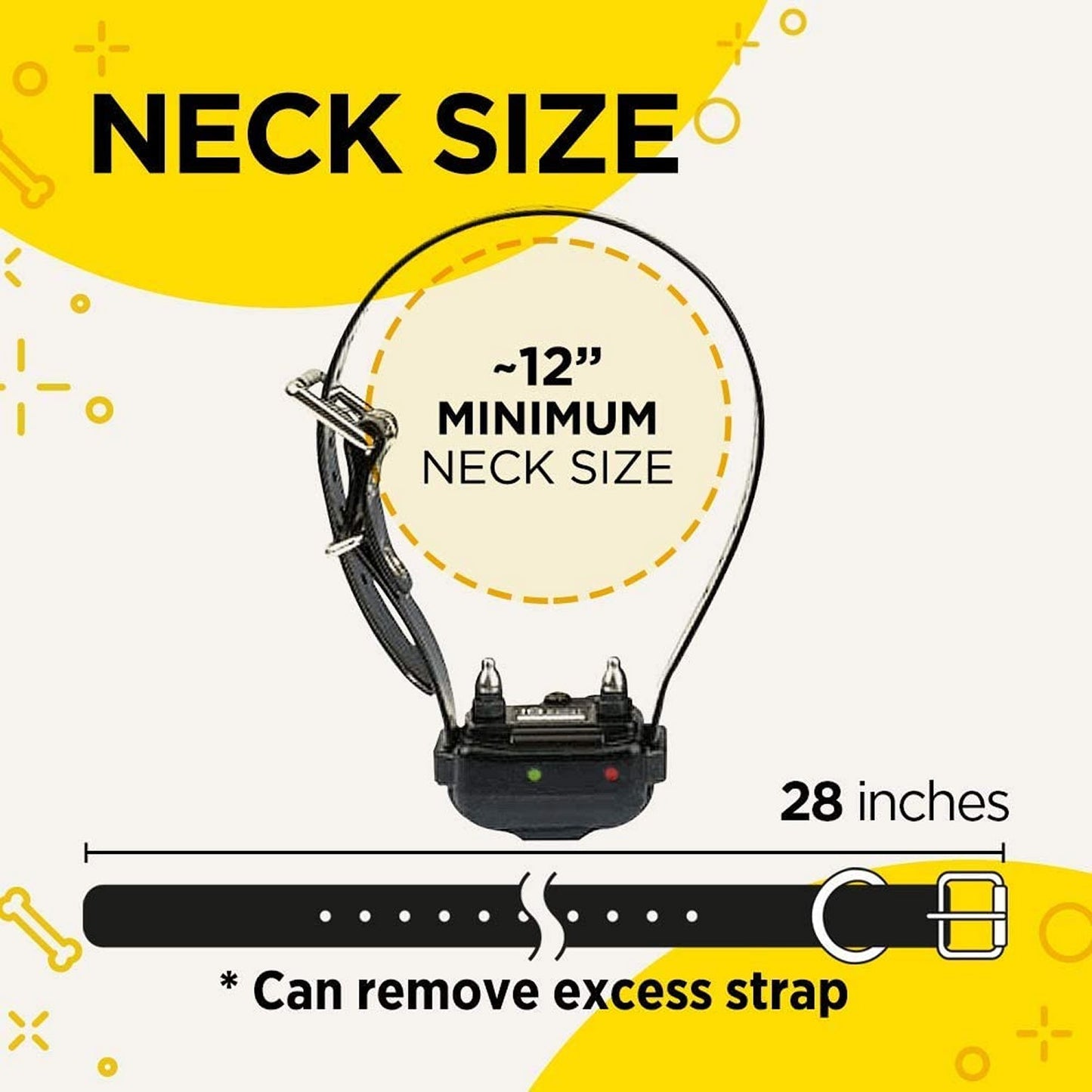 Dogtra IQ Plus dog training collar showing adjustable neck size from 12 to 28 inches with removable strap