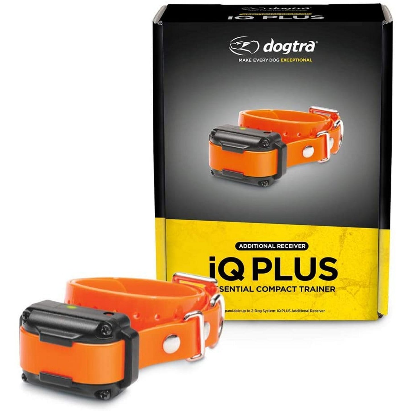 Dogtra IQ Plus dog training collar with orange adjustable strap and compact receiver device