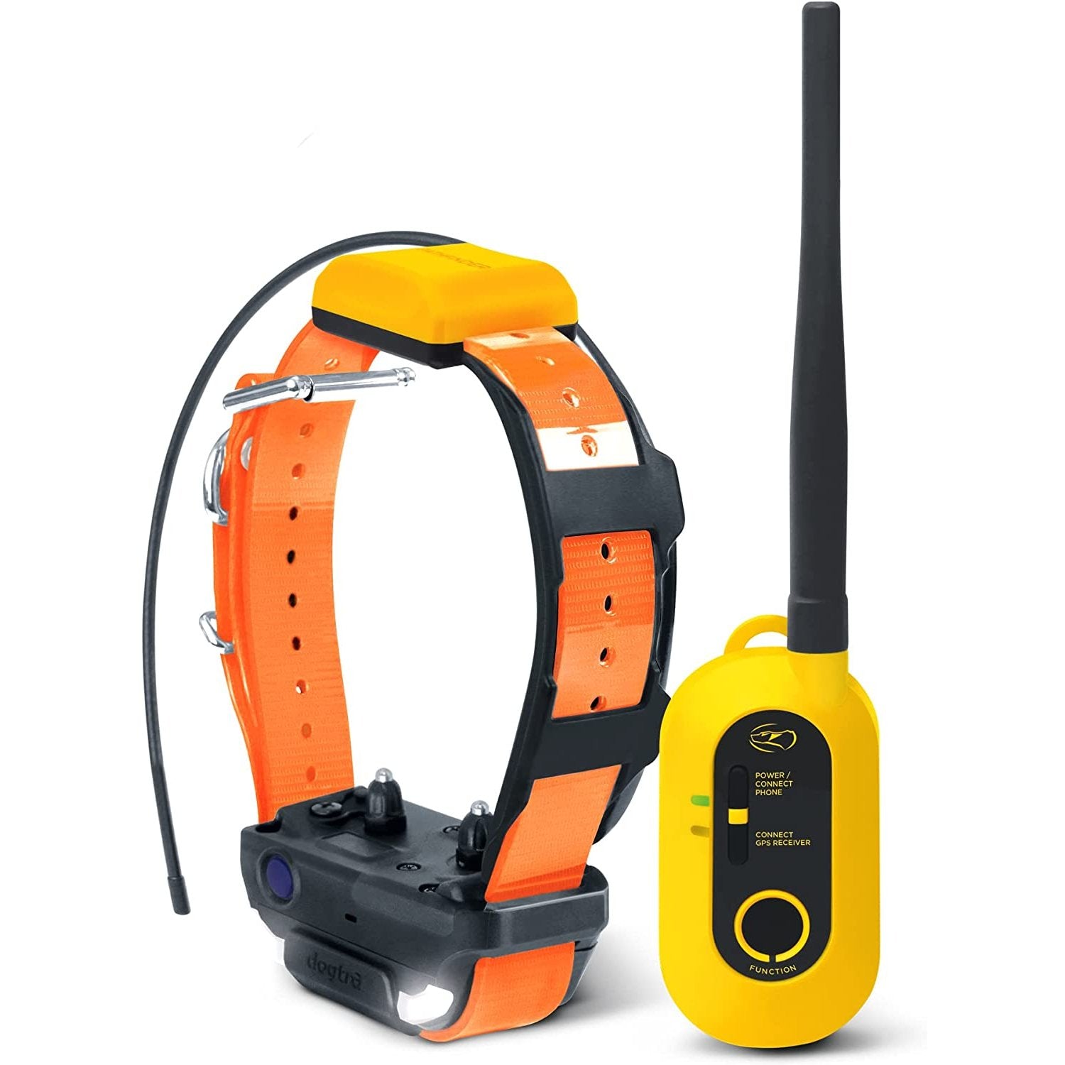 Dogtra Pathfinder 2 GPS dog tracker with orange adjustable collar and yellow remote transmitter