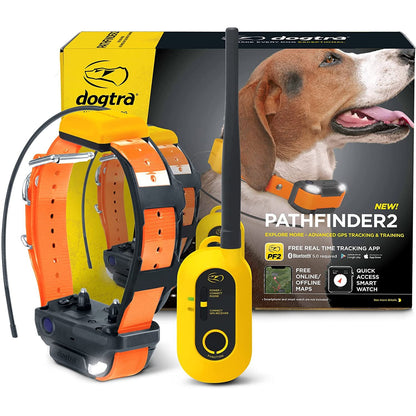 Dogtra Pathfinder 2 GPS dog tracker with orange collar and handheld remote for advanced dog tracking