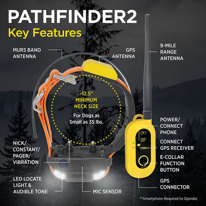 Dogtra Pathfinder 2 GPS dog tracker showing collar features including GPS antenna and 9-mile range antenna