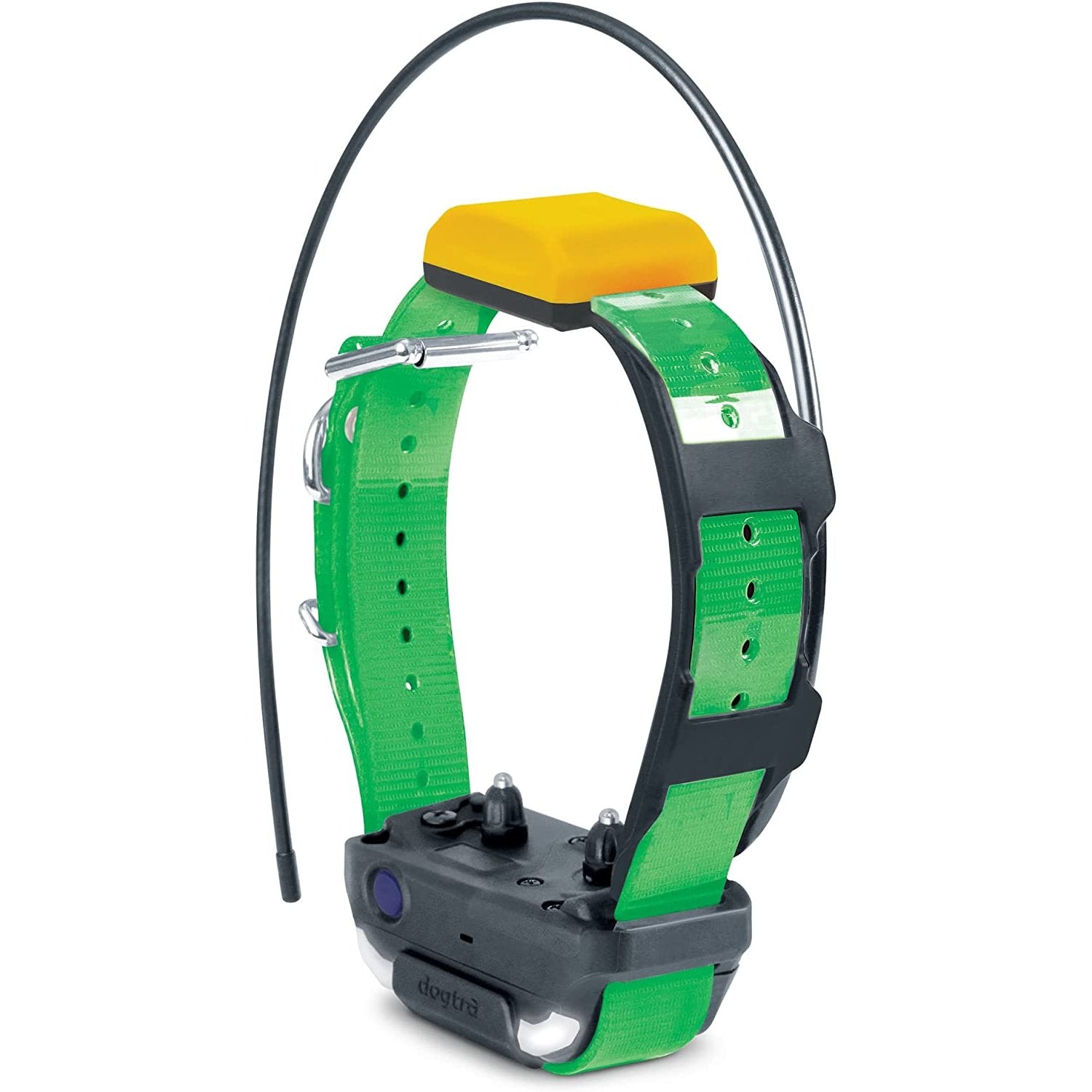 Dogtra GPS dog tracker collar with bright yellow GPS unit and green adjustable strap