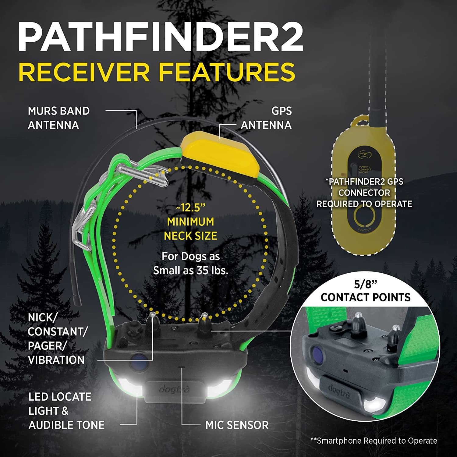 Dogtra Pathfinder2 GPS dog tracker collar with receiver features including antennas, contact points, and LED light