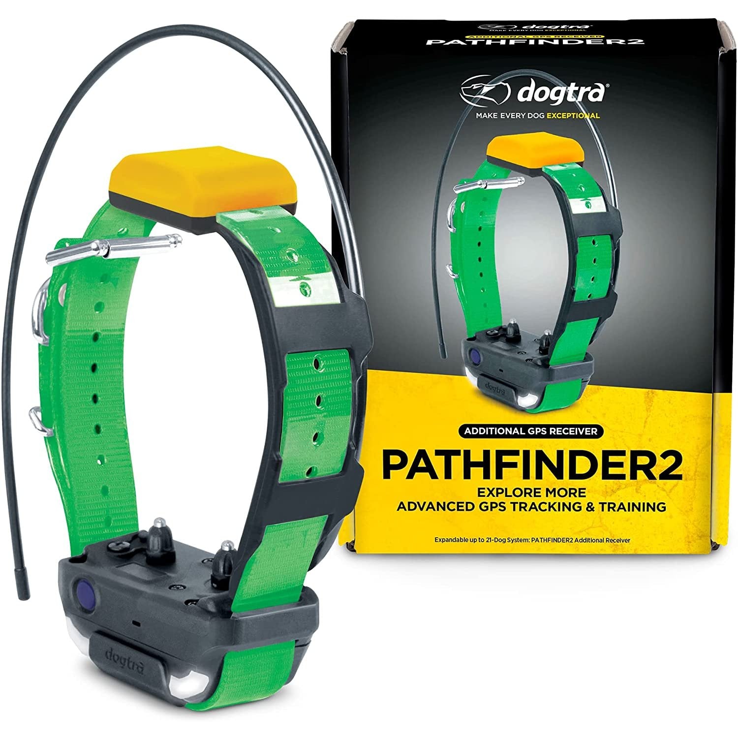 Dogtra Pathfinder2 GPS dog tracker collar with green adjustable strap and advanced GPS tracking system