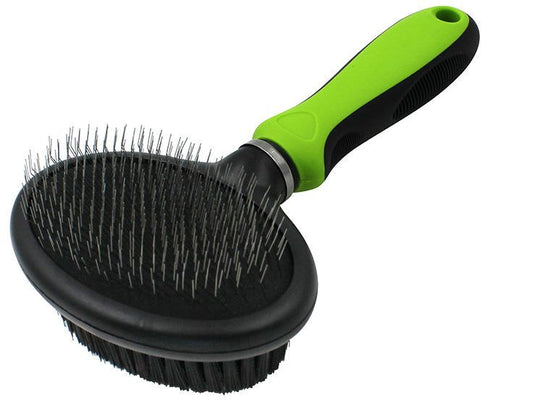 Dual-sided pet grooming brush with metal pins and soft bristles and green black ergonomic handle