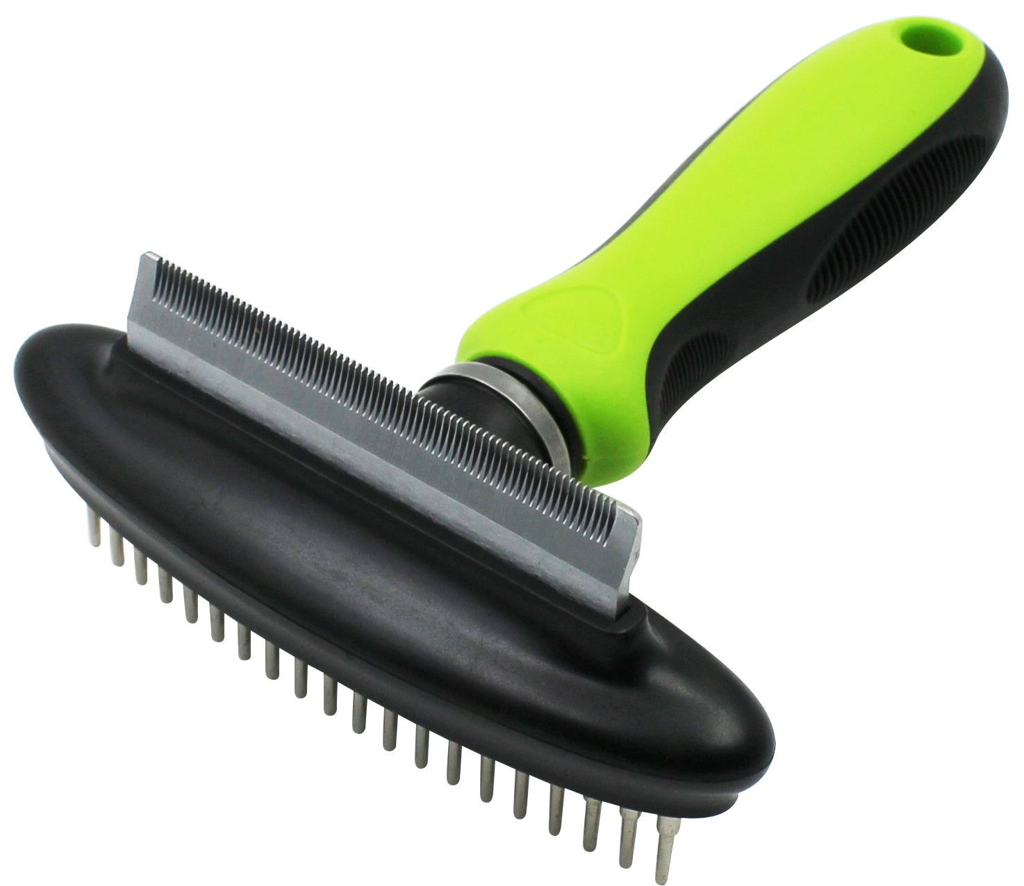 Dual-sided pet rake and deshedder with green and black ergonomic handle for grooming pets