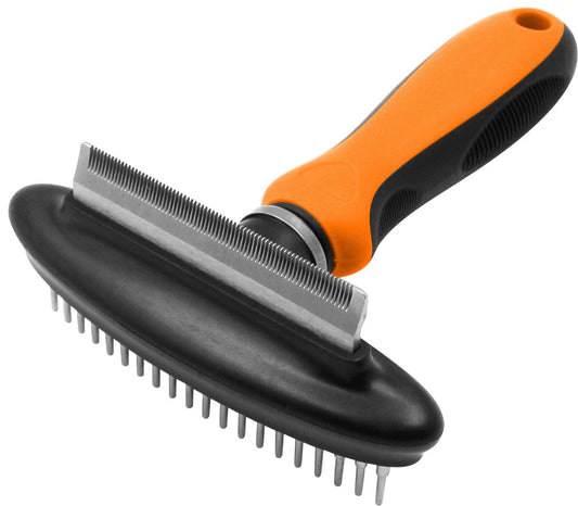 PawCounter.com dual-sided pet rake and deshedder with orange and black ergonomic handle