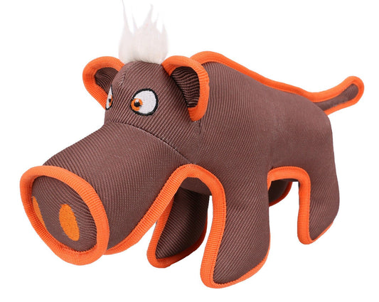 Durable dog chew toy shaped like a brown and orange cartoon animal with white tuft on head